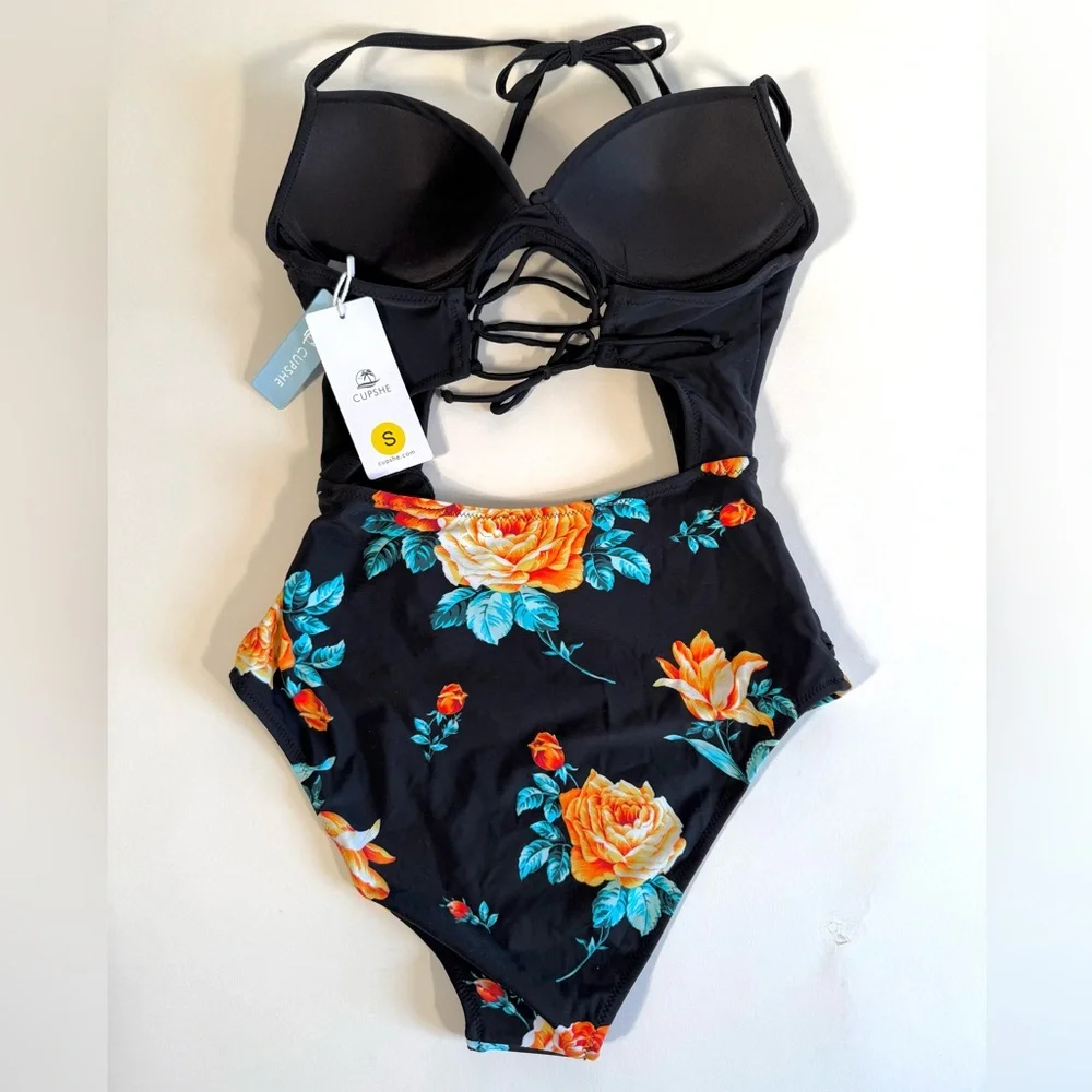 Cupshe Black Floral Print Halter Lace-Up Tummy Control One Piece Swimsuit - Picture 13 of 16